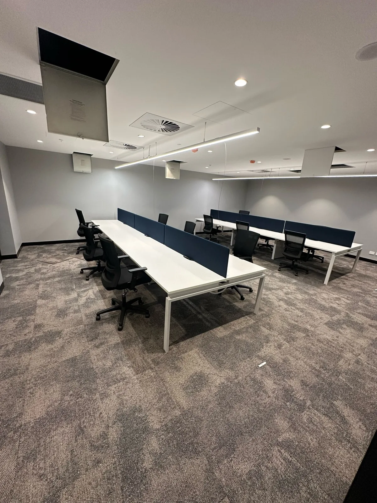 Bench workstations with blue screens installed in an office