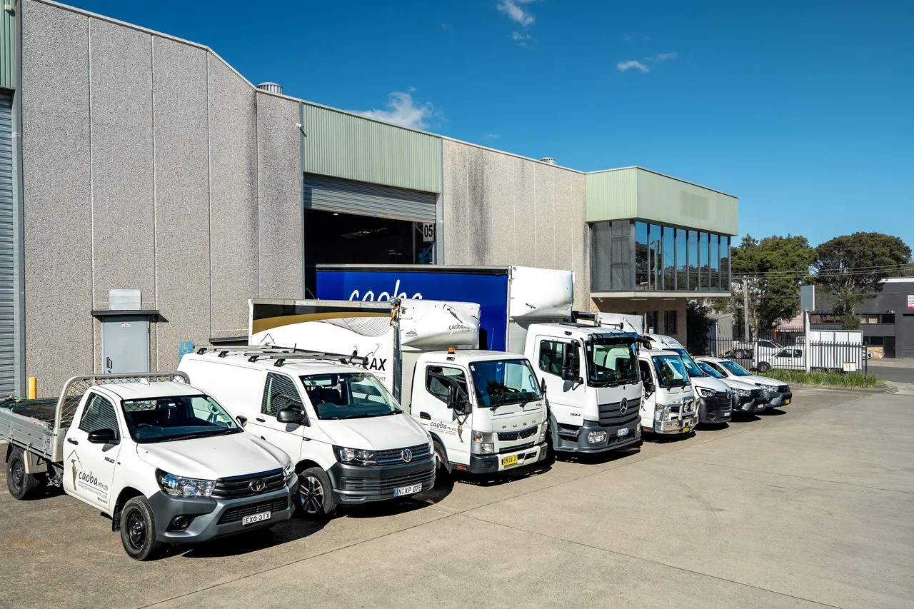 Caoba tray-back ute, vans and trucks at the warehouse loading dock