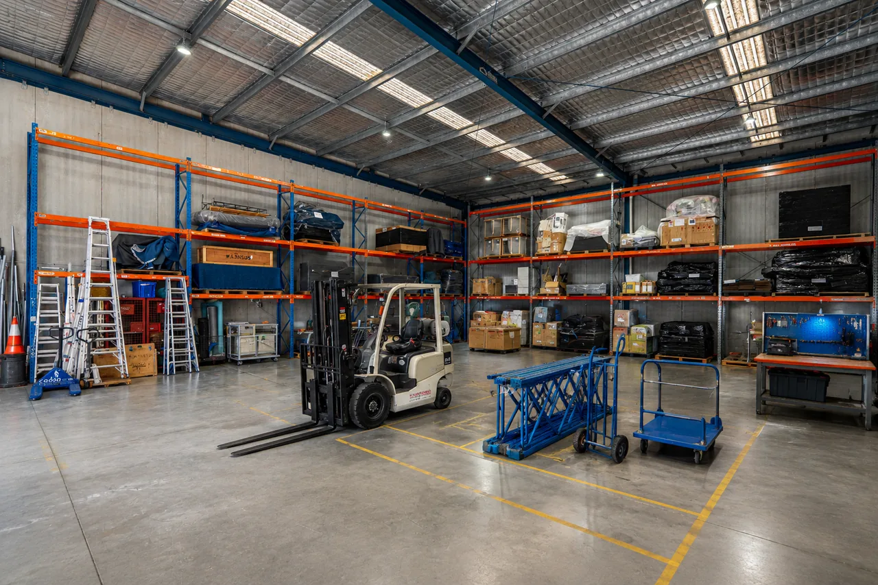 Caoba warehouse interior with pallet racking, forklift and stored office furniture