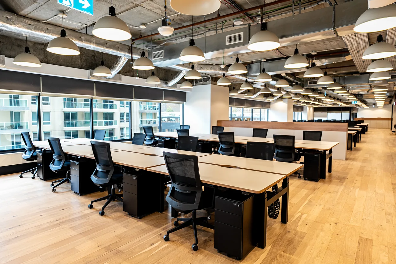 Height-adjustable desks with mesh task chairs and mobile pedestals beside city-view windows
