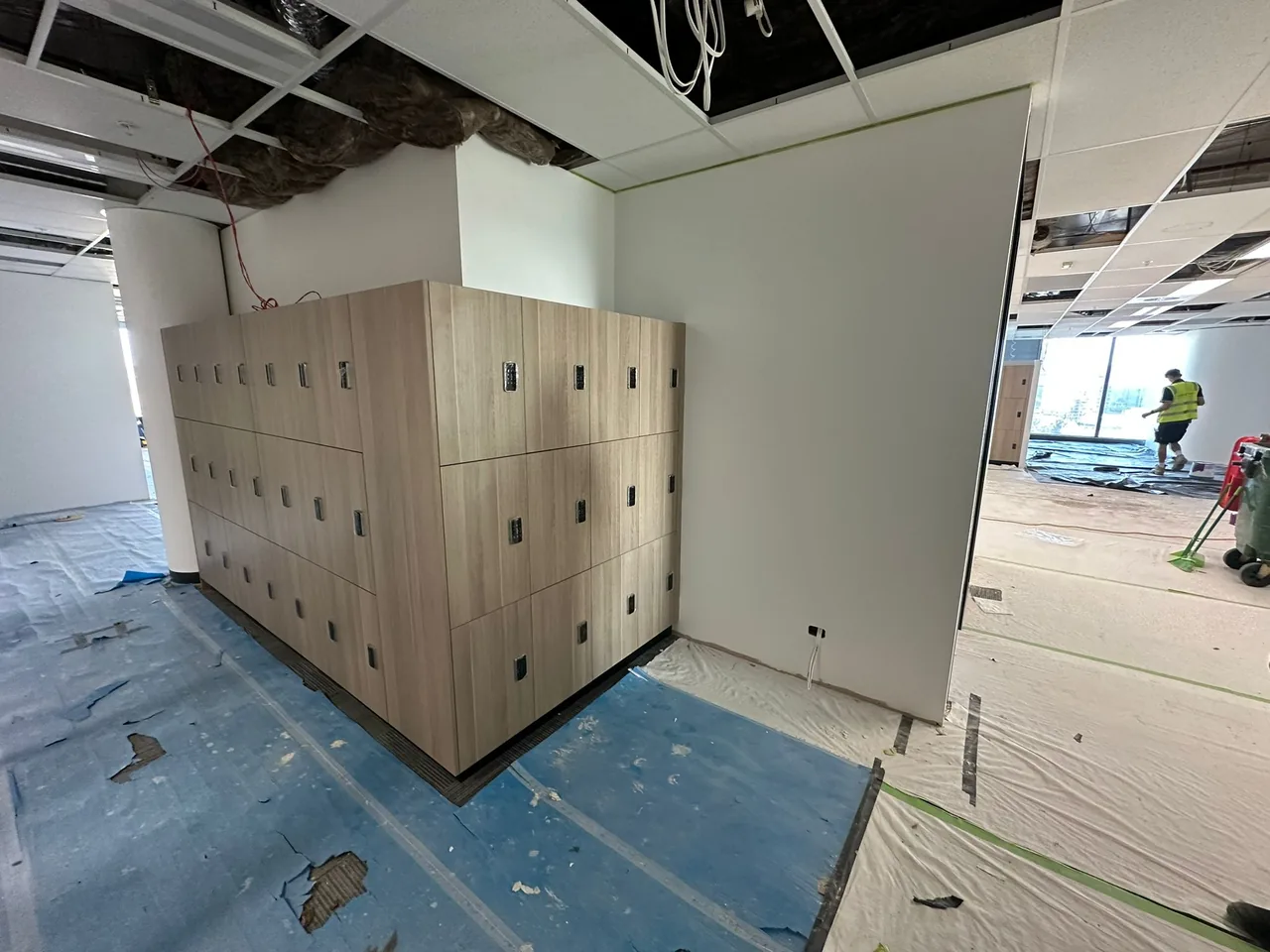 Locker island installed on an office floor during fit-out
