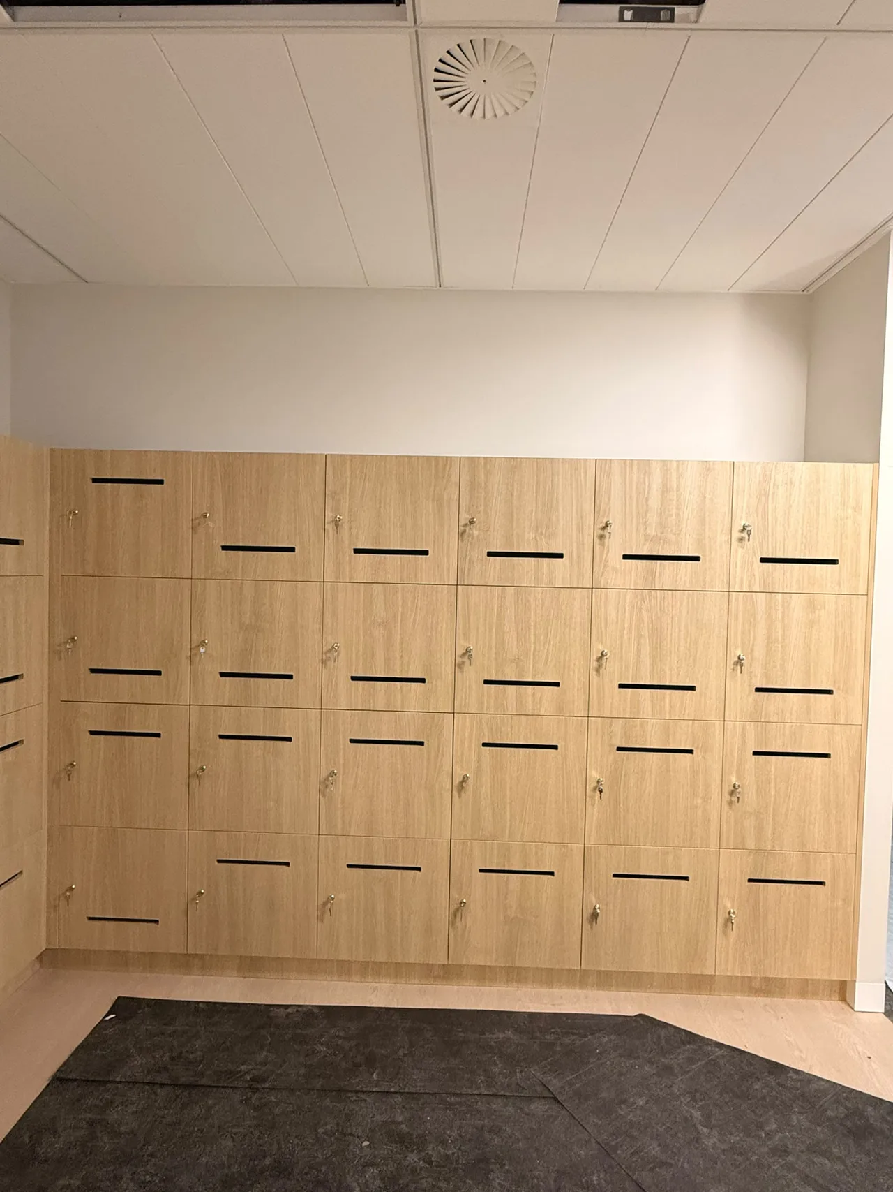 Staff lockers installed across a full office wall